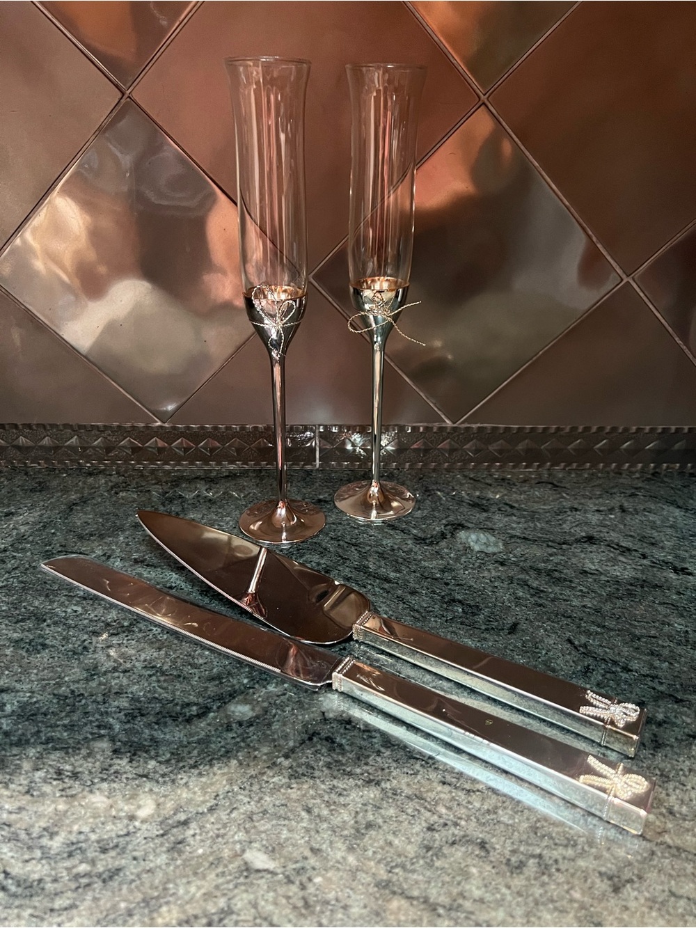 Vera Wang Silver Cake Knife and Server Set with Matching Silver Champagne Flutes